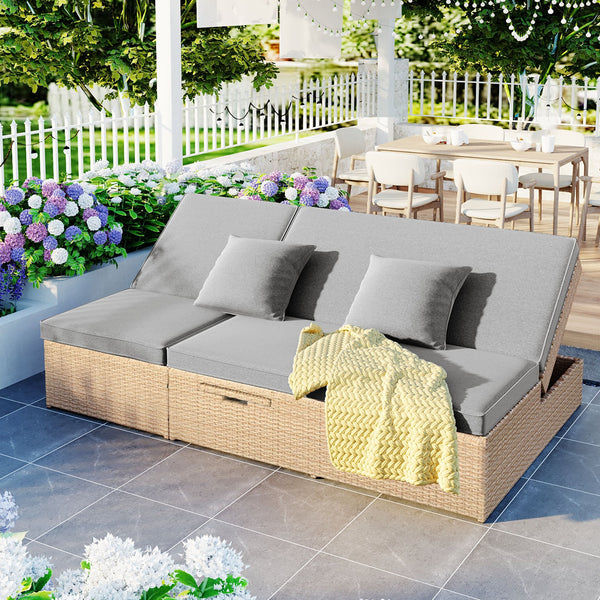 English Elm TOPMAX Outdoor Double Sunbed Rattan Reclining Conversation Set for Two with 5-Position Comfort Cushions and Cup Trays Brown SP100001AAD