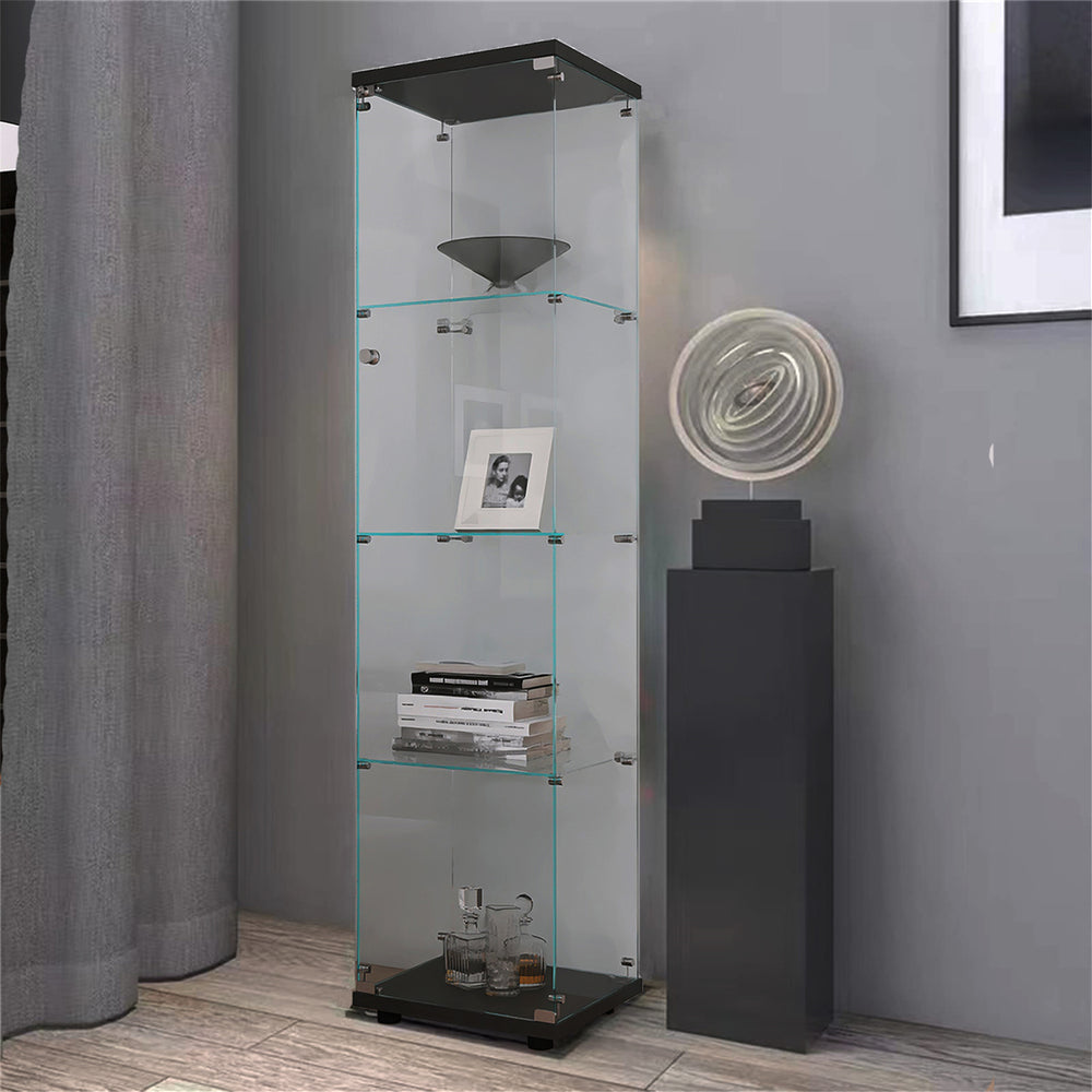 English Elm 4 Glass Display Cabinet with 4 Shelves and Single Door – Tall Slim Glass Tower for Home Decor and Collectibles Black W151084139