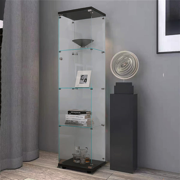 English Elm 4 Glass Display Cabinet with 4 Shelves and Single Door – Tall Slim Glass Tower for Home Decor and Collectibles Black W151084139