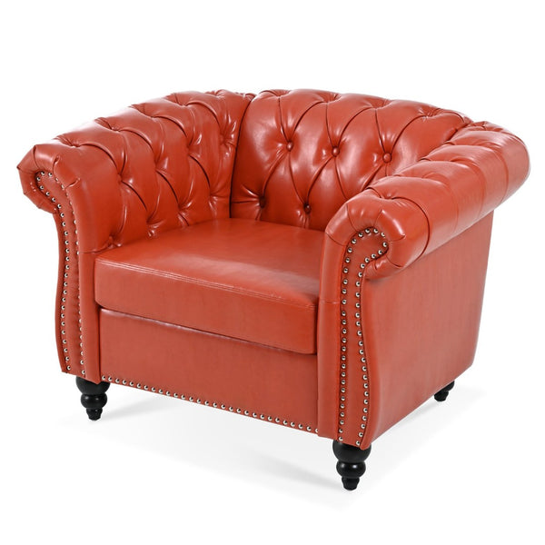 English Elm 1 Seater Pu Leather Tufted Accent Sofa with Birch Legs for Any Living Space Orange W680P405335