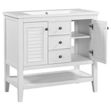 English Elm 36" Bathroom Vanity With Ceramic Basin, Two Cabinets and Drawers, Open Shelf, Solid Wood Frame, White (Old Sku: Sy999101Aak)