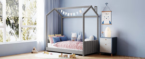 English Elm Twin Velvet Upholstered House Bed Pinewood Frame Peaked Roof Kids Bedroom LP100125AAE