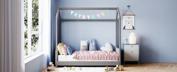 English Elm Twin Velvet Upholstered House Bed Pinewood Frame Peaked Roof Kids Bedroom LP100125AAE