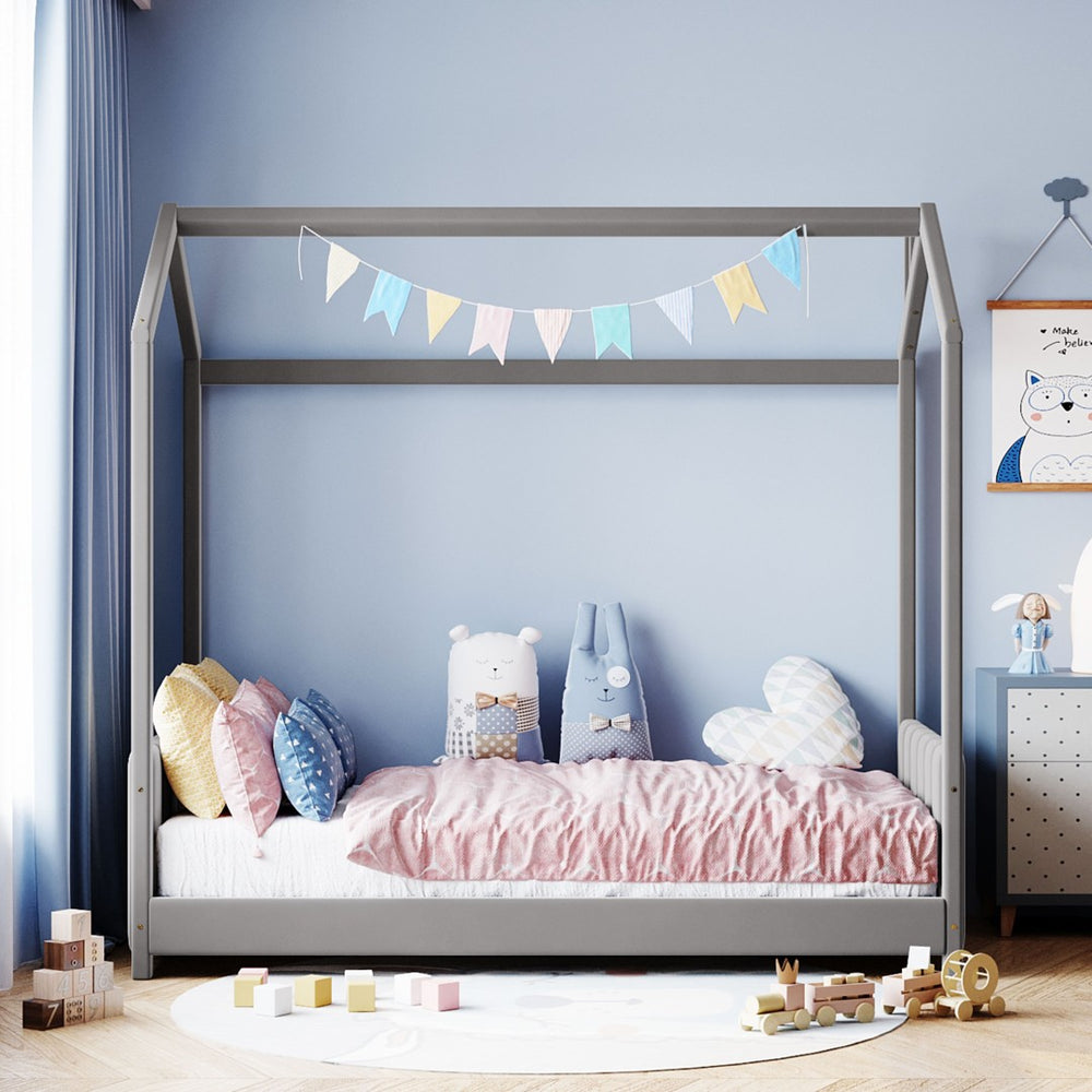 English Elm Twin Velvet Upholstered House Bed Pinewood Frame Peaked Roof Kids Bedroom LP100125AAE