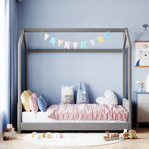 English Elm Twin Velvet Upholstered House Bed Pinewood Frame Peaked Roof Kids Bedroom LP100125AAE