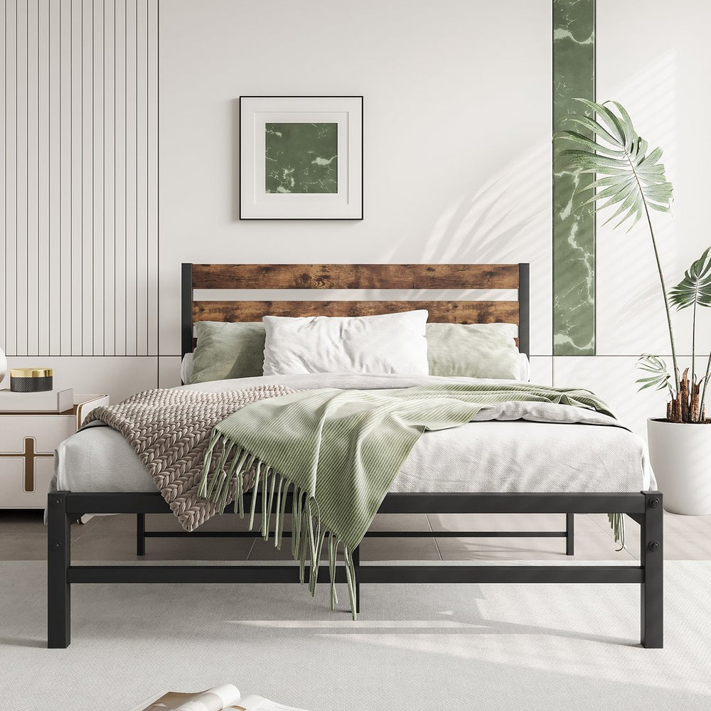 English Elm Full Rustic Platform Bed Frame with Vintage Wood Headboard & Footboard, Sturdy Metal Slats, Storage-Friendly, No Box Spring Needed W84084262