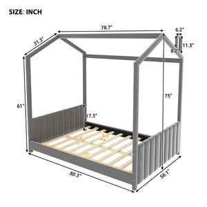 English Elm Full Size Gray Velvet House Bed Pinewood Frame Cozy Kids Bedroom Canopy LP000126AAE