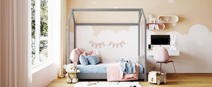 English Elm Full Size Gray Velvet House Bed Pinewood Frame Cozy Kids Bedroom Canopy LP000126AAE