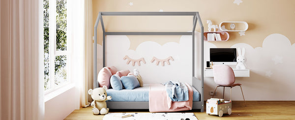 English Elm Full Size Gray Velvet House Bed Pinewood Frame Cozy Kids Bedroom Canopy LP000126AAE