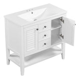 English Elm 36" Bathroom Vanity With Ceramic Basin, Two Cabinets and Drawers, Open Shelf, Solid Wood Frame, White (Old Sku: Sy999101Aak)