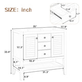 English Elm 36" Bathroom Vanity Without Sink, Cabinet Base Only, Two Cabinets and Drawers, Open Shelf, Solid Wood Frame, White