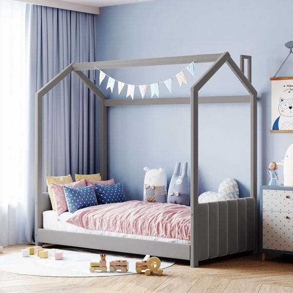 English Elm Twin Velvet Upholstered House Bed Pinewood Frame Peaked Roof Kids Bedroom LP100125AAE