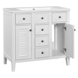 English Elm 36" Bathroom Vanity With Ceramic Basin, Two Cabinets and Five Drawers, Solid Wood Frame, White (Old Sku: Sy999202Aak-1)