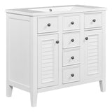 English Elm 36" Bathroom Vanity With Ceramic Basin, Two Cabinets and Five Drawers, Solid Wood Frame, White (Old Sku: Sy999202Aak-1)