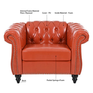 English Elm 1 Seater Pu Leather Tufted Accent Sofa with Birch Legs for Any Living Space Orange W680P405335