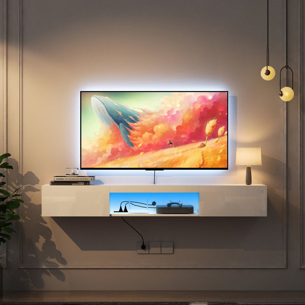 English Elm Floating TV Stand Wall Mounted with 16-Color LED Ambience, Modern 63" Floating Cabinet for 55–65" TVs, White W132166344