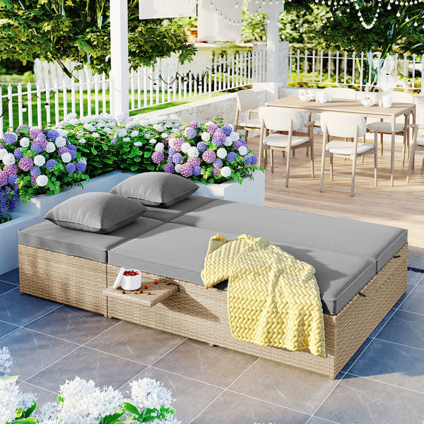 English Elm TOPMAX Outdoor Double Sunbed Rattan Reclining Conversation Set for Two with 5-Position Comfort Cushions and Cup Trays Brown SP100001AAD