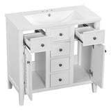 English Elm 36" Bathroom Vanity With Ceramic Basin, Two Cabinets and Five Drawers, Solid Wood Frame, White (Old Sku: Sy999202Aak-1)