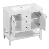 English Elm 36" Bathroom Vanity With Ceramic Basin, Two Cabinets and Drawers, Open Shelf, Solid Wood Frame, White (Old Sku: Sy999101Aak)