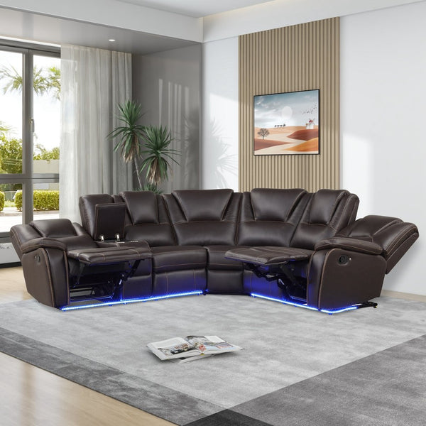English Elm Modern Pu Leather Reclining Sectional Sofa with Led Base and Console for Living Room SG000730AAD