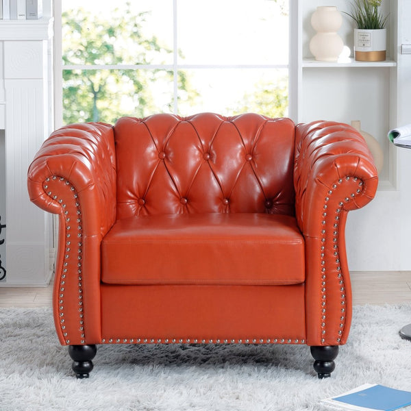 English Elm 1 Seater Pu Leather Tufted Accent Sofa with Birch Legs for Any Living Space Orange W680P405335