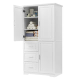 English Elm Tall and Wide Storage Cabinet With Doors For Bathroom/Office, Three Drawers, White