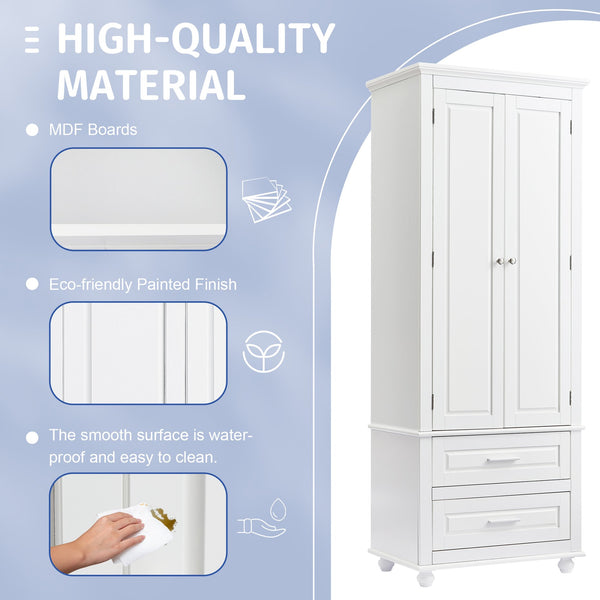 English Elm Tall Slim Storage Cabinet with Adjustable Shelves, 2 Drawers & Doors, Anti-Tip Design for Bathroom White WF299284AAK