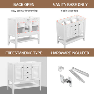 English Elm 36" Bathroom Vanity Without Sink, Cabinet Base Only, Two Cabinets and Drawers, Open Shelf, Solid Wood Frame, White