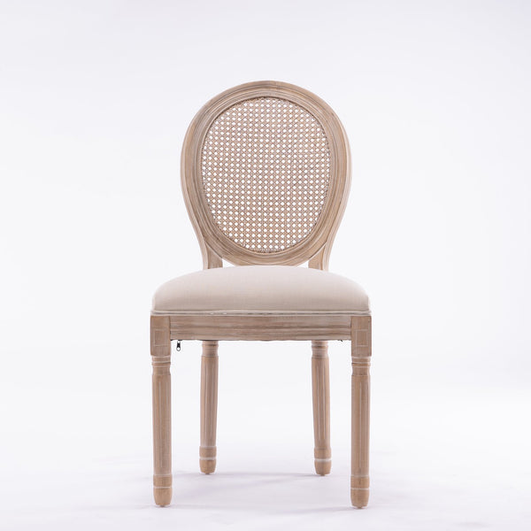 English Elm French Style Solid Wood Frame Dining Chairs Set Of 2 With Cream Linen & Rattan Back For Elegance W162278980