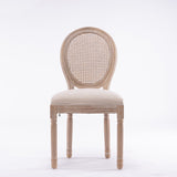 English Elm French Style Solid Wood Frame Linen Fabric Rattan Back Dining Chair,Set Of 2,Cream