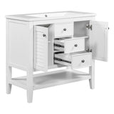 English Elm 36" Bathroom Vanity With Ceramic Basin, Two Cabinets and Drawers, Open Shelf, Solid Wood Frame, White (Old Sku: Sy999101Aak)