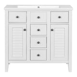 English Elm 36" Bathroom Vanity With Ceramic Basin, Two Cabinets and Five Drawers, Solid Wood Frame, White (Old Sku: Sy999202Aak-1)