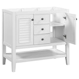 English Elm 36" Bathroom Vanity Without Sink, Cabinet Base Only, Two Cabinets and Drawers, Open Shelf, Solid Wood Frame, White