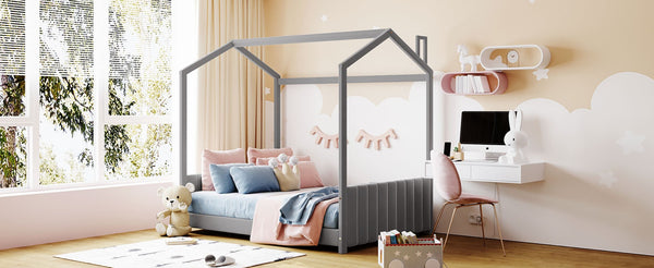 English Elm Full Size Gray Velvet House Bed Pinewood Frame Cozy Kids Bedroom Canopy LP000126AAE