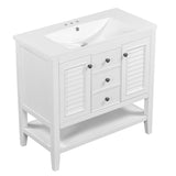 English Elm 36" Bathroom Vanity With Ceramic Basin, Two Cabinets and Drawers, Open Shelf, Solid Wood Frame, White (Old Sku: Sy999101Aak-1)