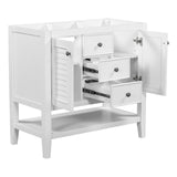 English Elm 36" Bathroom Vanity Without Sink, Cabinet Base Only, Two Cabinets and Drawers, Open Shelf, Solid Wood Frame, White