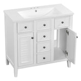 English Elm 36" Bathroom Vanity With Ceramic Basin, Two Cabinets and Five Drawers, Solid Wood Frame, White (Old Sku: Sy999202Aak-1)