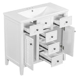 English Elm 36" Bathroom Vanity With Ceramic Basin, Two Cabinets and Five Drawers, Solid Wood Frame, White (Old Sku: Sy999202Aak-1)