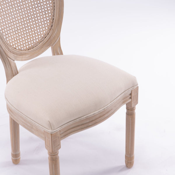 English Elm French Style Solid Wood Frame Dining Chairs Set Of 2 With Cream Linen & Rattan Back For Elegance W162278980