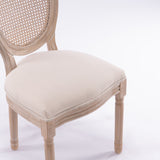 English Elm French Style Solid Wood Frame Linen Fabric Rattan Back Dining Chair,Set Of 2,Cream