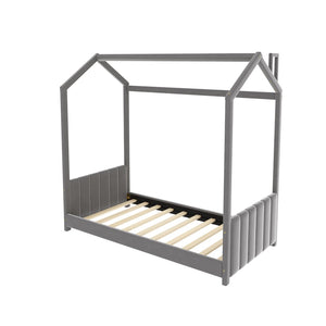 English Elm Twin Velvet Upholstered House Bed Pinewood Frame Peaked Roof Kids Bedroom LP100125AAE