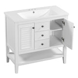 English Elm 36" Bathroom Vanity With Ceramic Basin, Two Cabinets and Drawers, Open Shelf, Solid Wood Frame, White (Old Sku: Sy999101Aak)