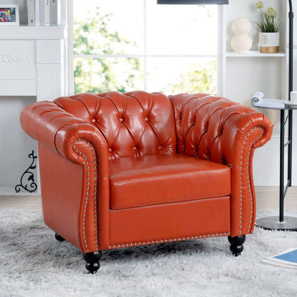 English Elm 1 Seater Pu Leather Tufted Accent Sofa with Birch Legs for Any Living Space Orange W680P405335