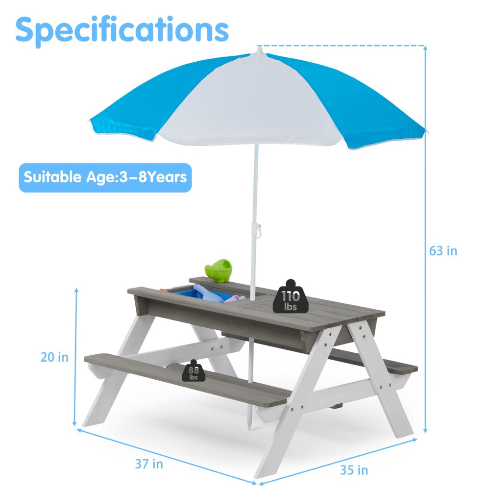 English Elm 3-in-1 Kids Cedar Outdoor Picnic Sand Water Table with Shading Umbrella W1390104709