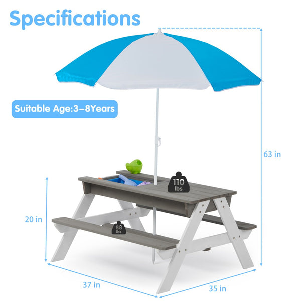 English Elm 3-in-1 Kids Cedar Outdoor Picnic Sand Water Table with Shading Umbrella W1390104709