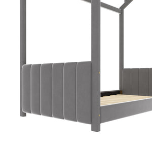 English Elm Twin Velvet Upholstered House Bed Pinewood Frame Peaked Roof Kids Bedroom LP100125AAE
