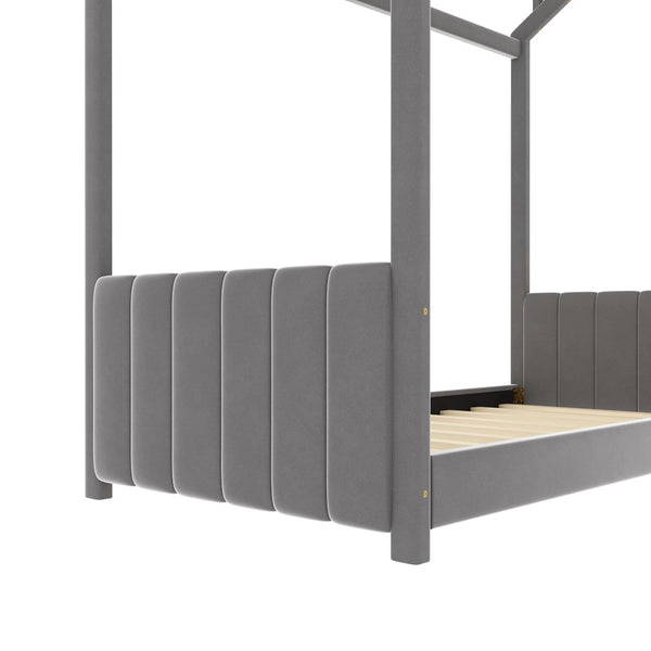English Elm Twin Velvet Upholstered House Bed Pinewood Frame Peaked Roof Kids Bedroom LP100125AAE