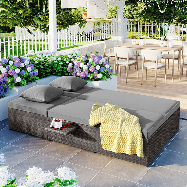 English Elm TOPMAX Outdoor Double Sunbed Rattan Reclining Conversation Set for Two with 5-Position Comfort Cushions and Cup Trays Gray SP100001AAE