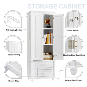 English Elm Tall Slim Storage Cabinet with Adjustable Shelves, 2 Drawers & Doors, Anti-Tip Design for Bathroom White WF299284AAK