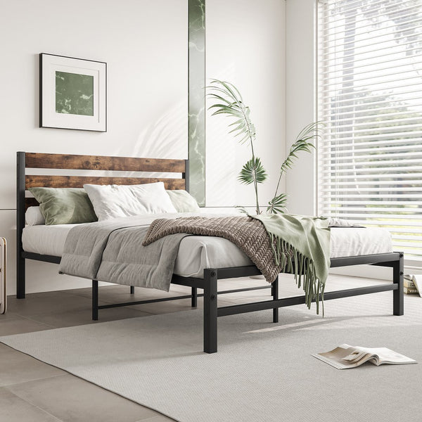 English Elm Full Rustic Platform Bed Frame with Vintage Wood Headboard & Footboard, Sturdy Metal Slats, Storage-Friendly, No Box Spring Needed W84084262